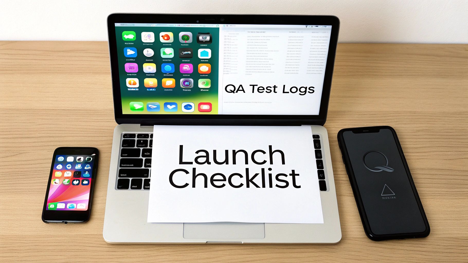 A person working on a laptop with mobile app design elements and checklists floating around, symbolizing the pre-launch preparation phase.