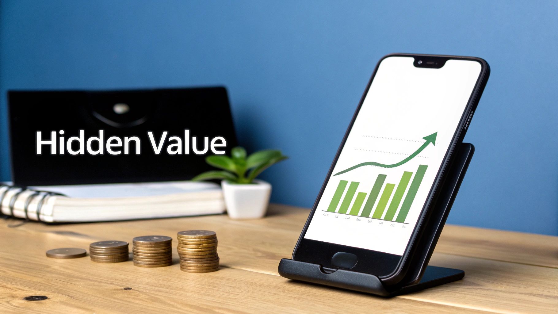 Smartphone displaying green growth chart with coins and hidden value text on desk