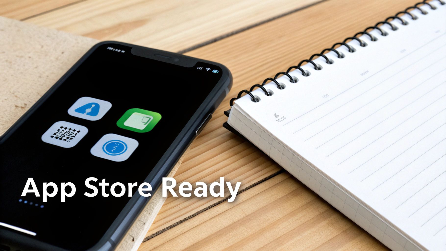 A smartphone displaying app icons and "App Store Ready" text next to a spiral notebook on a wooden desk.