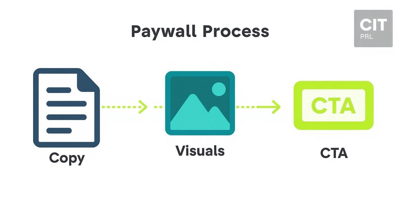 Flowchart illustrating the Paywall Process with steps: Copy, Visuals, and CTA, connected by arrows.