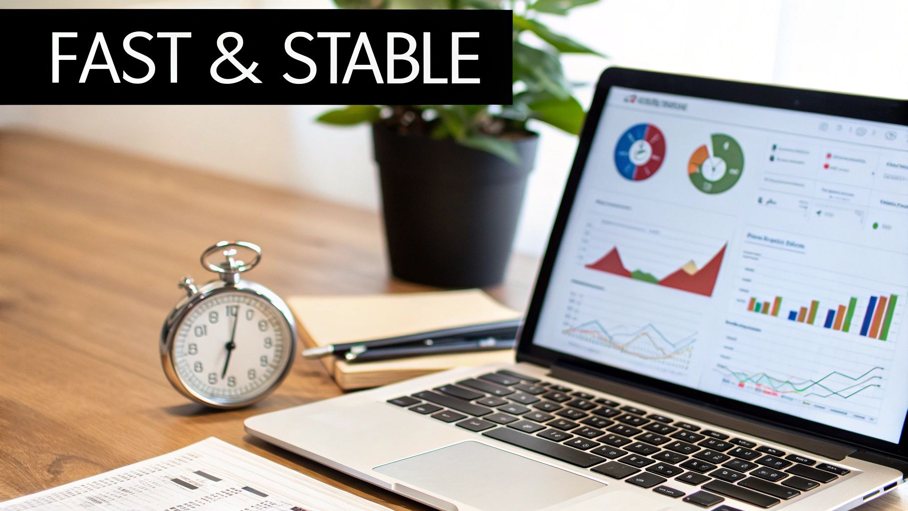 A laptop on a desk showing performance data and charts, with a stopwatch and text 'FAST & STABLE'.