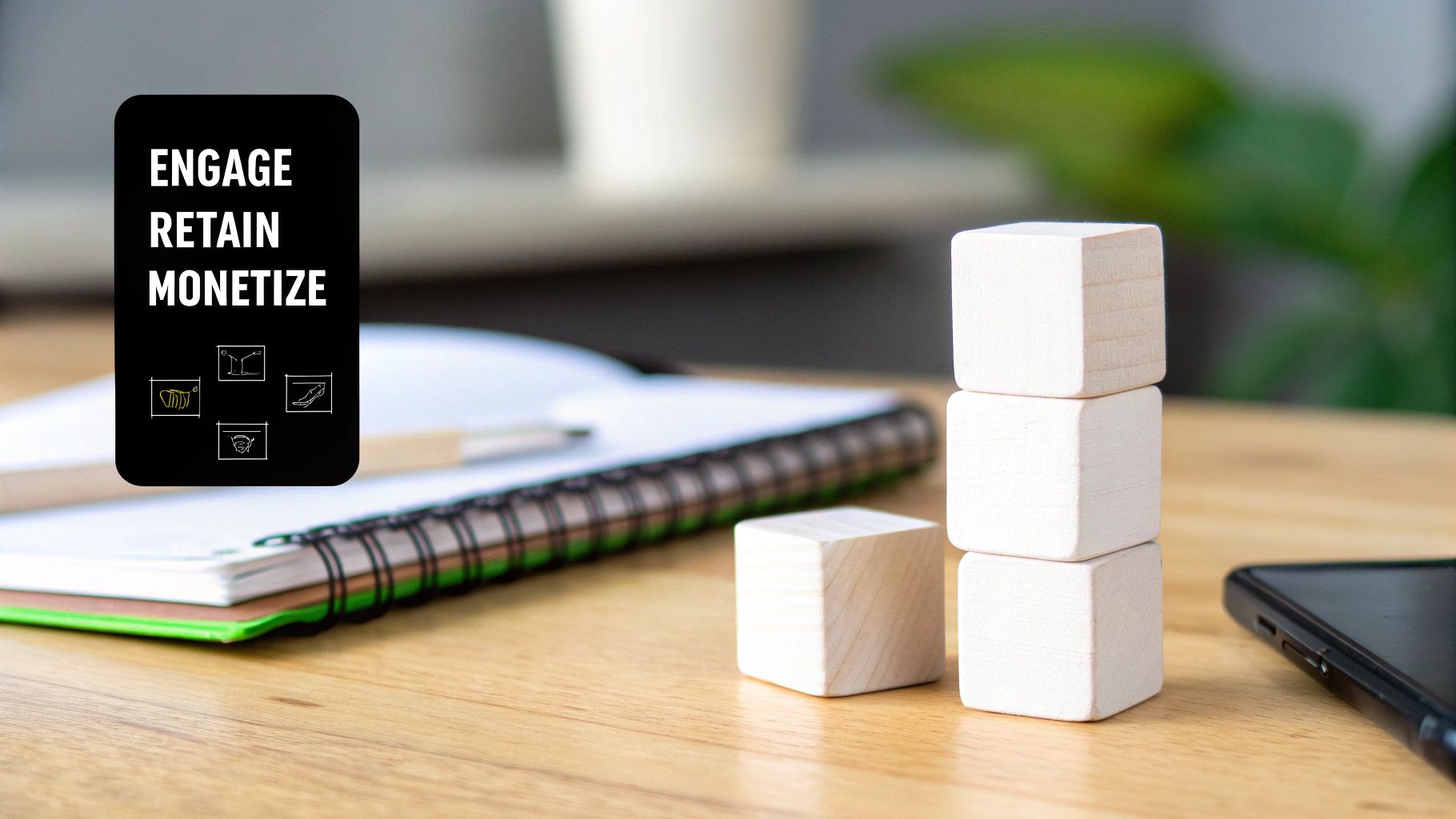 A black card with 'ENGAGE RETAIN MONETIZE' text and icons, next to wooden blocks on a desk.