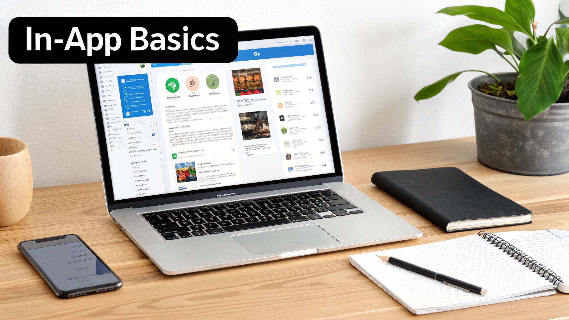 A developer's desk with a laptop showing code, a smartphone displaying an app, and various tech gadgets around, symbolizing the iOS development environment.