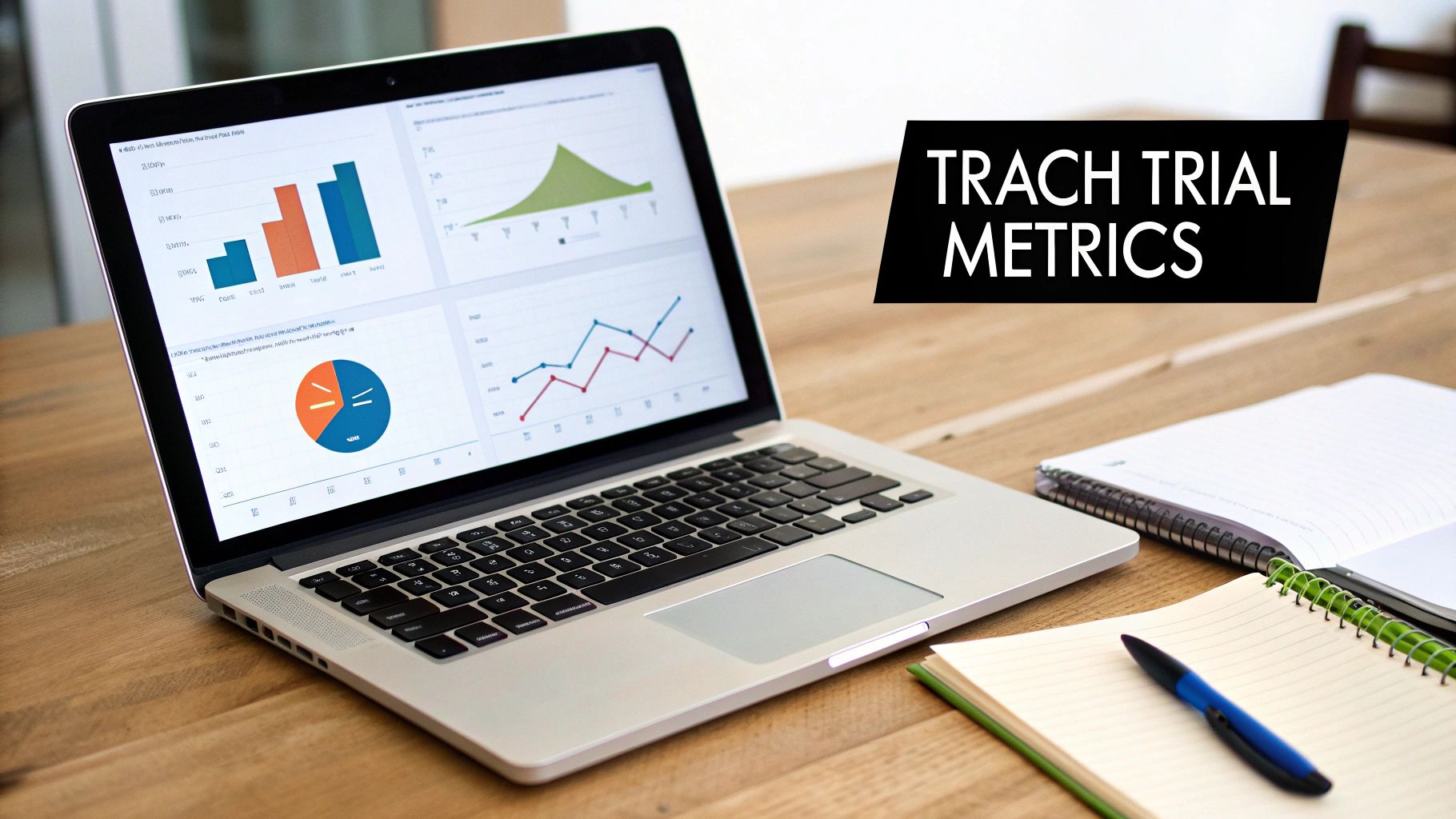 A laptop displaying charts and graphs, with notebooks and a pen on a wooden table, showing 'TRACH TRIAL METRICS'.