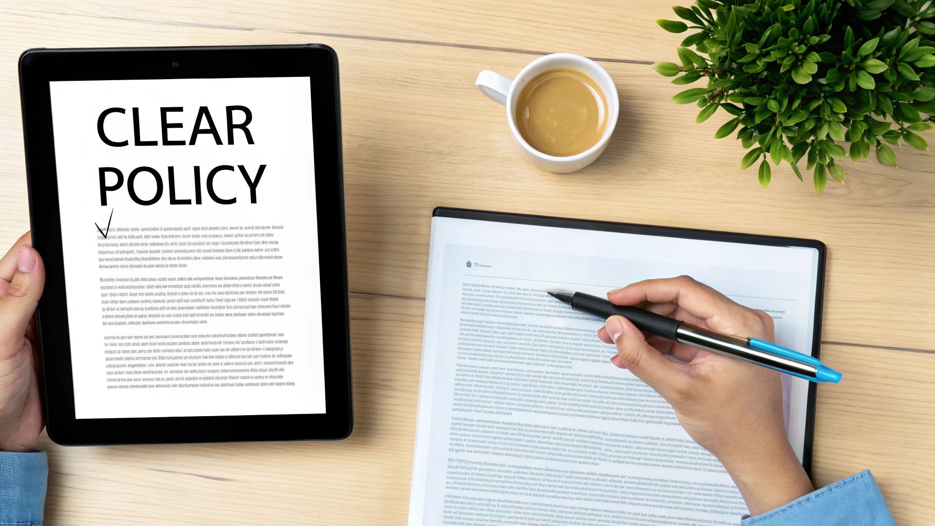 A person holds a tablet displaying 'CLEAR POLICY' while another writes on a document in a clear workspace.