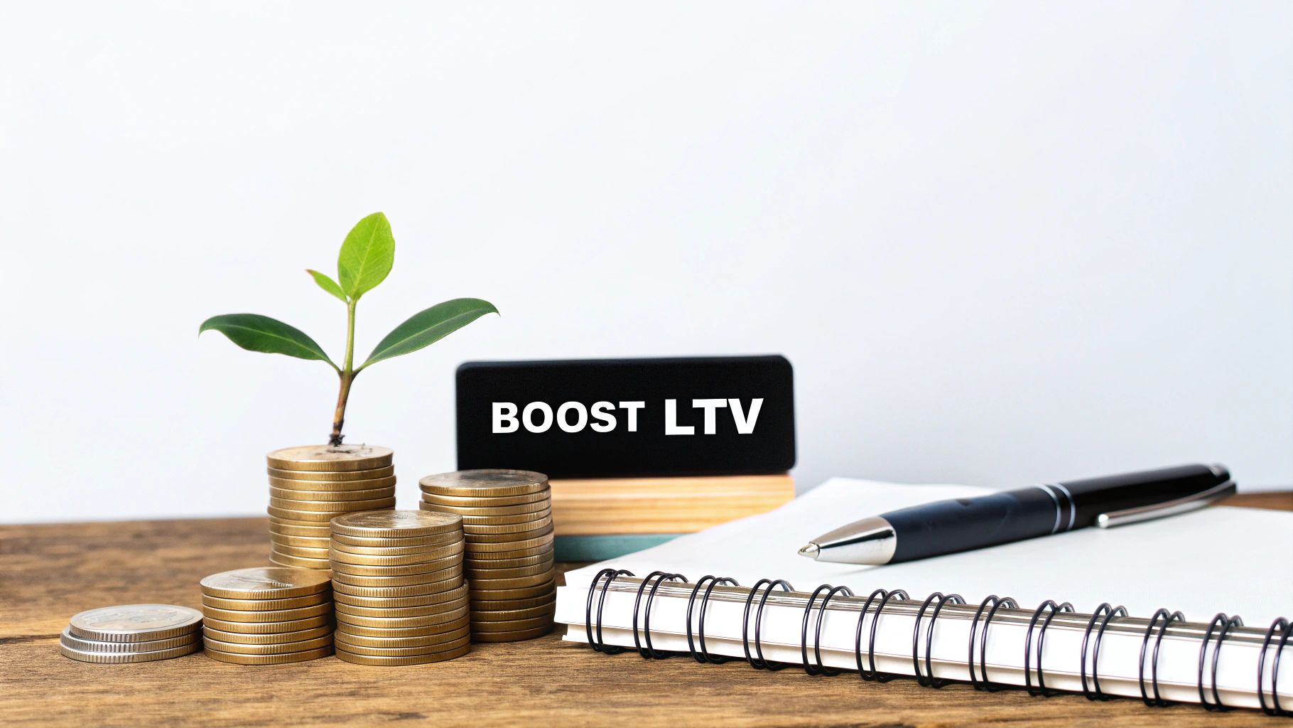 Stacked coins with growing plant and boost LTV sign representing lifetime value growth