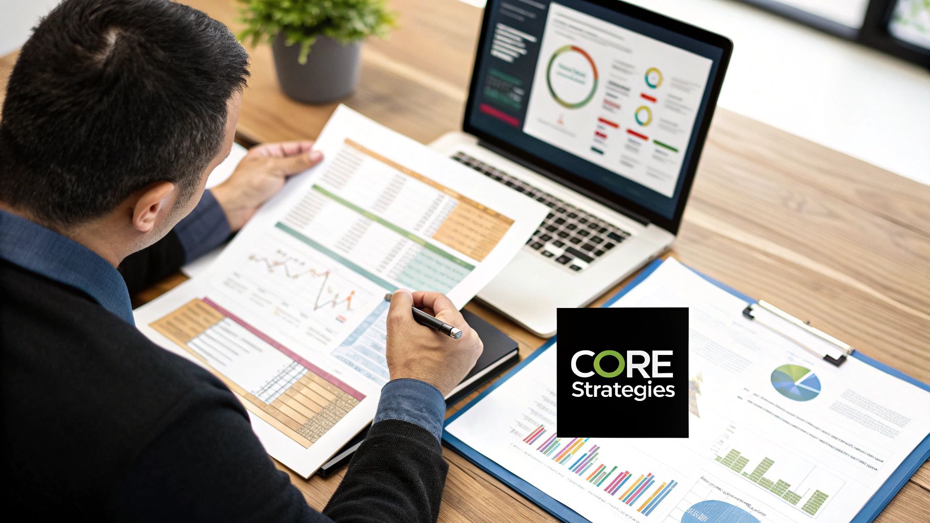 A business professional analyzing revenue optimization strategies on a digital dashboard.