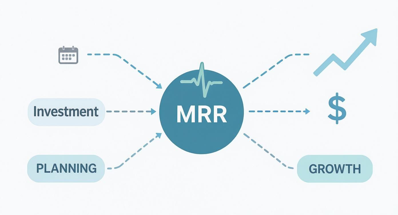 A diagram illustrating how investment, planning, and time contribute to MRR and lead to growth and revenue.