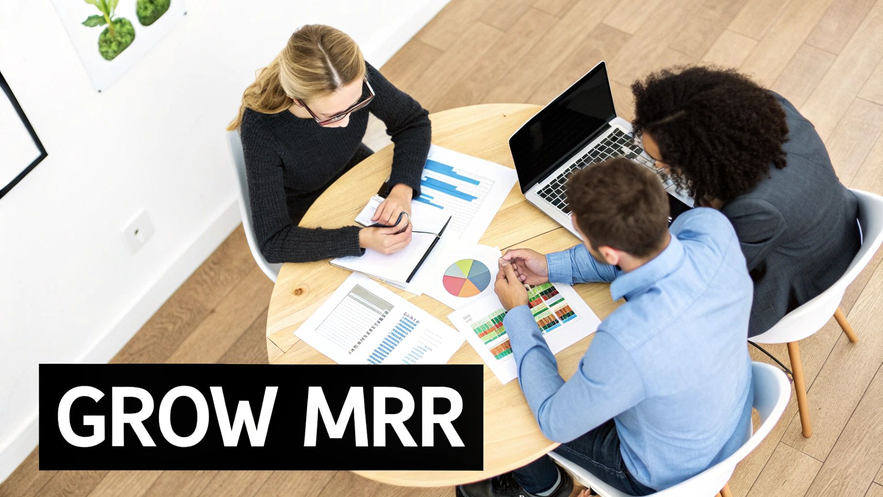 Business team analyzing monthly recurring revenue growth charts and financial data at meeting