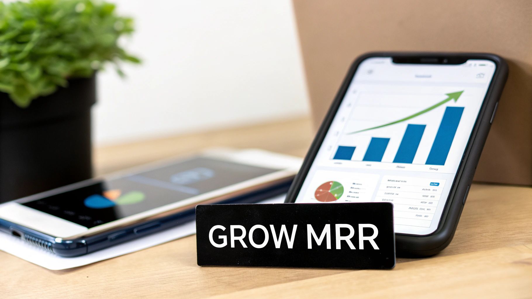 Smartphone displaying a rising bar chart and a 'GROW MRR' sign on a wooden desk.