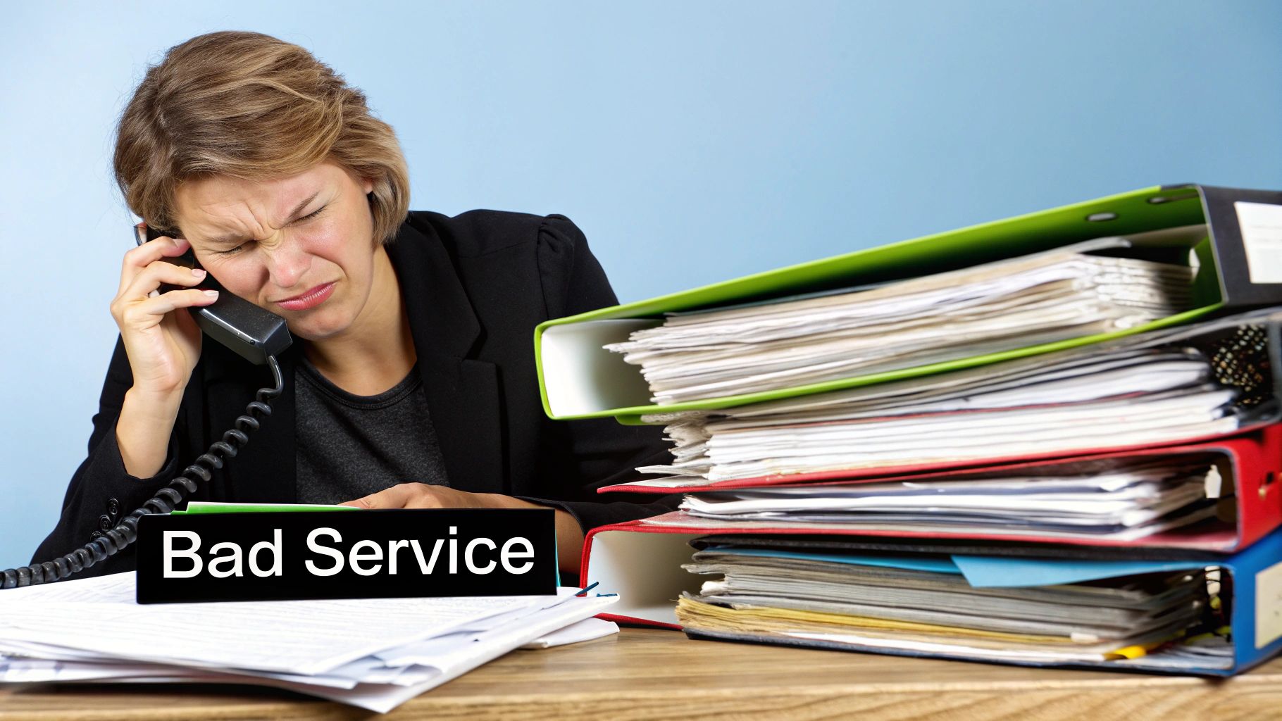 An illustrative image showing a frustrated user dealing with poor customer service on their phone.