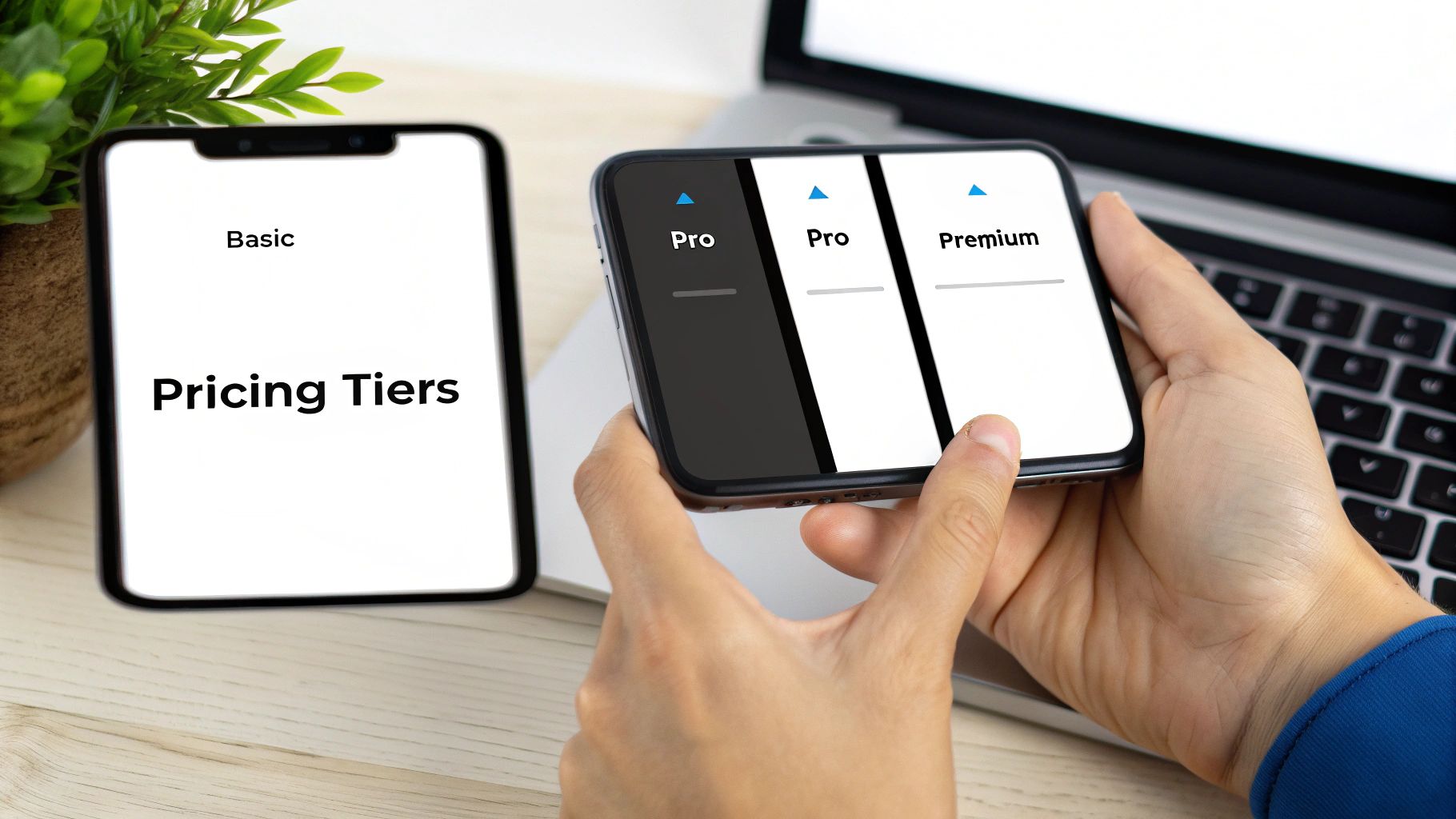 Person comparing mobile app pricing tiers showing Basic, Pro and Premium subscription options on smartphone