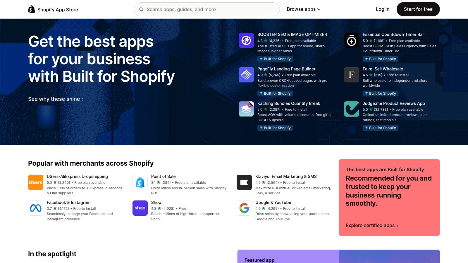 A view of the Shopify App Store, showing different app categories available for merchants.
