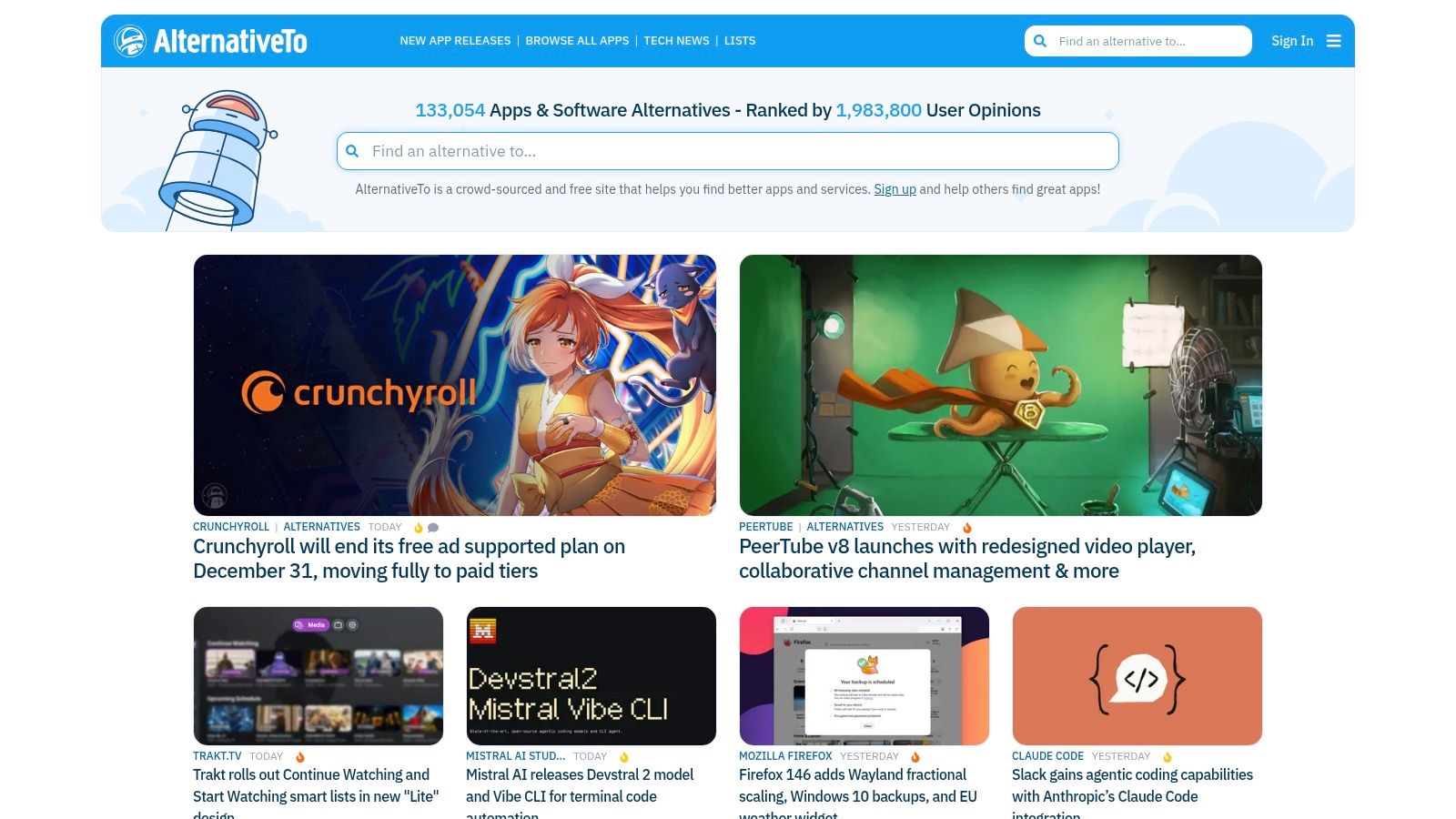 A user on AlternativeTo filtering for Adobe Photoshop alternatives that offer a free trial, showcasing the platform's discovery features.