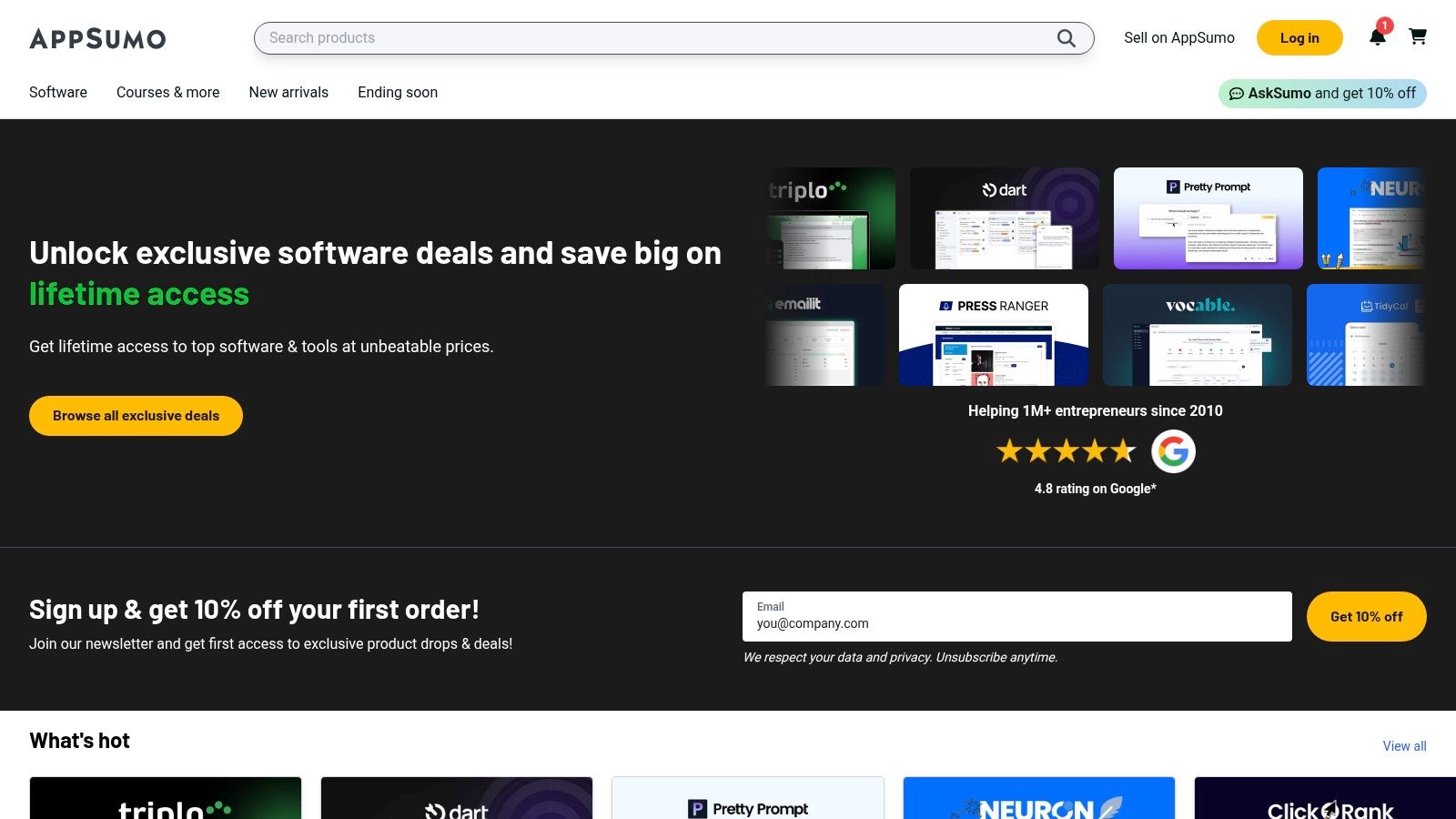 A selection of software deals available on the AppSumo marketplace, showcasing the variety of tools offered.