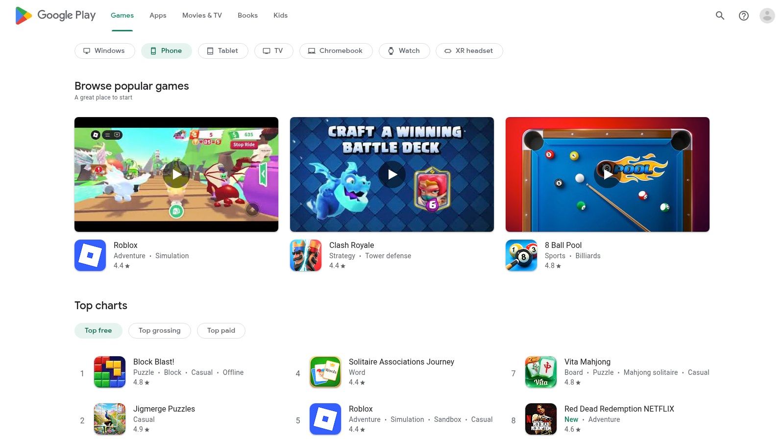 A selection of mobile games available on the Google Play Store, highlighting the variety of apps with free trials.