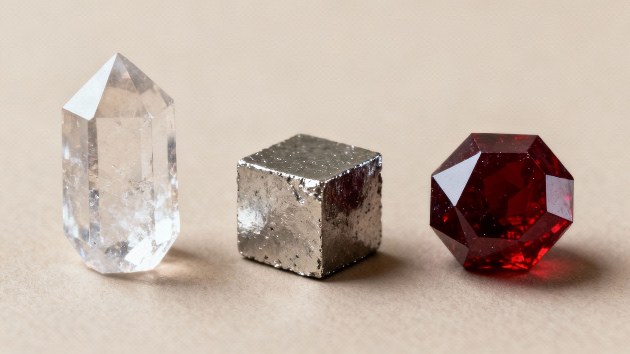 Clear quartz crystal, rough pyrite cube, and faceted red garnet gemstone on a neutral background.