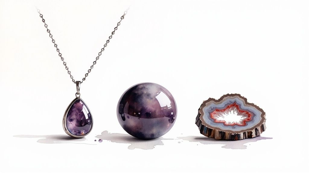 A watercolor painting displays a purple amethyst teardrop necklace, a galaxy sphere, and a sliced geode on white.