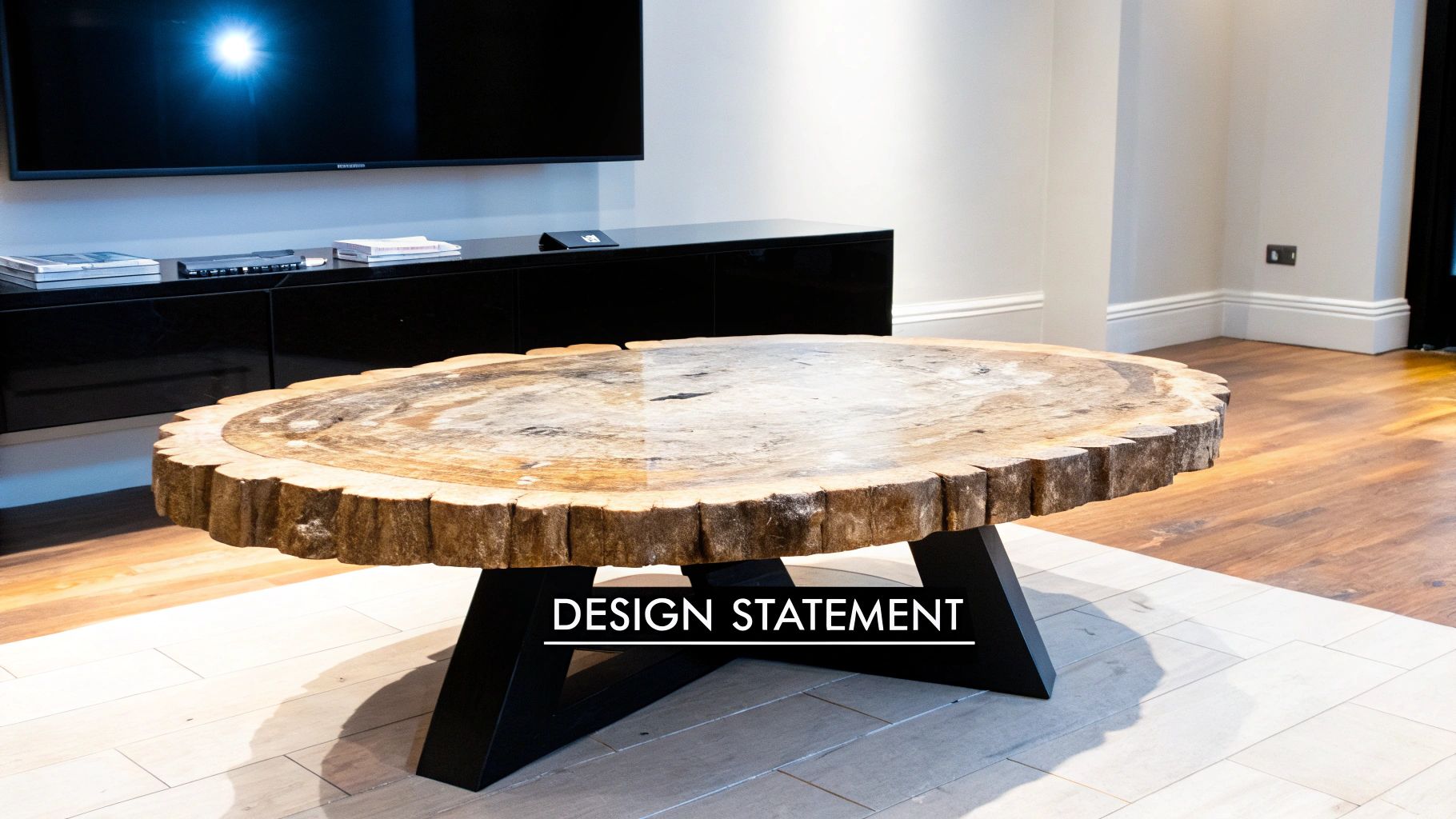 A large, round petrified wood coffee table with a black base in a modern living room.