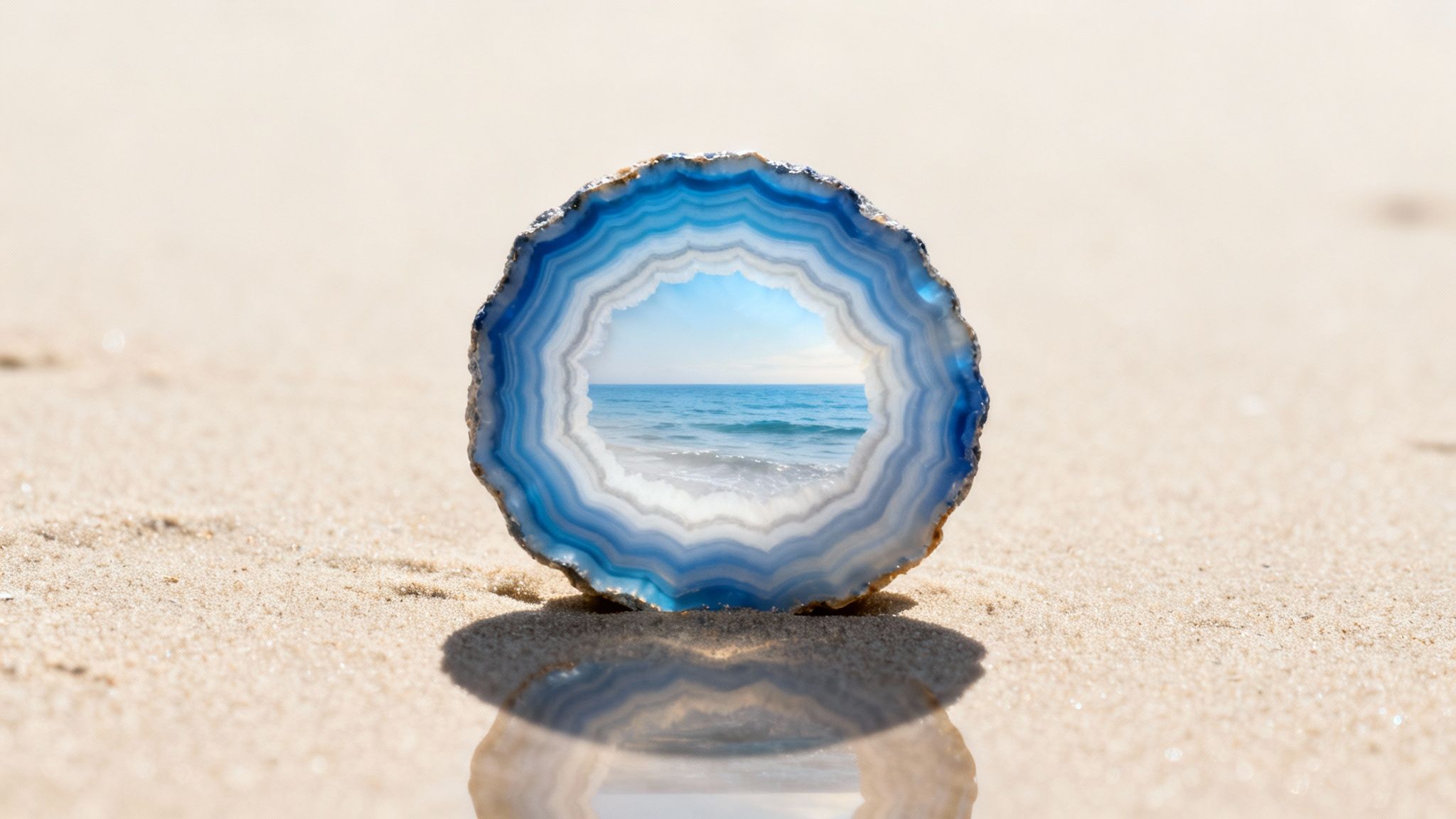 A beautiful blue banded agate stands in golden sand, framing a serene ocean and sky view.