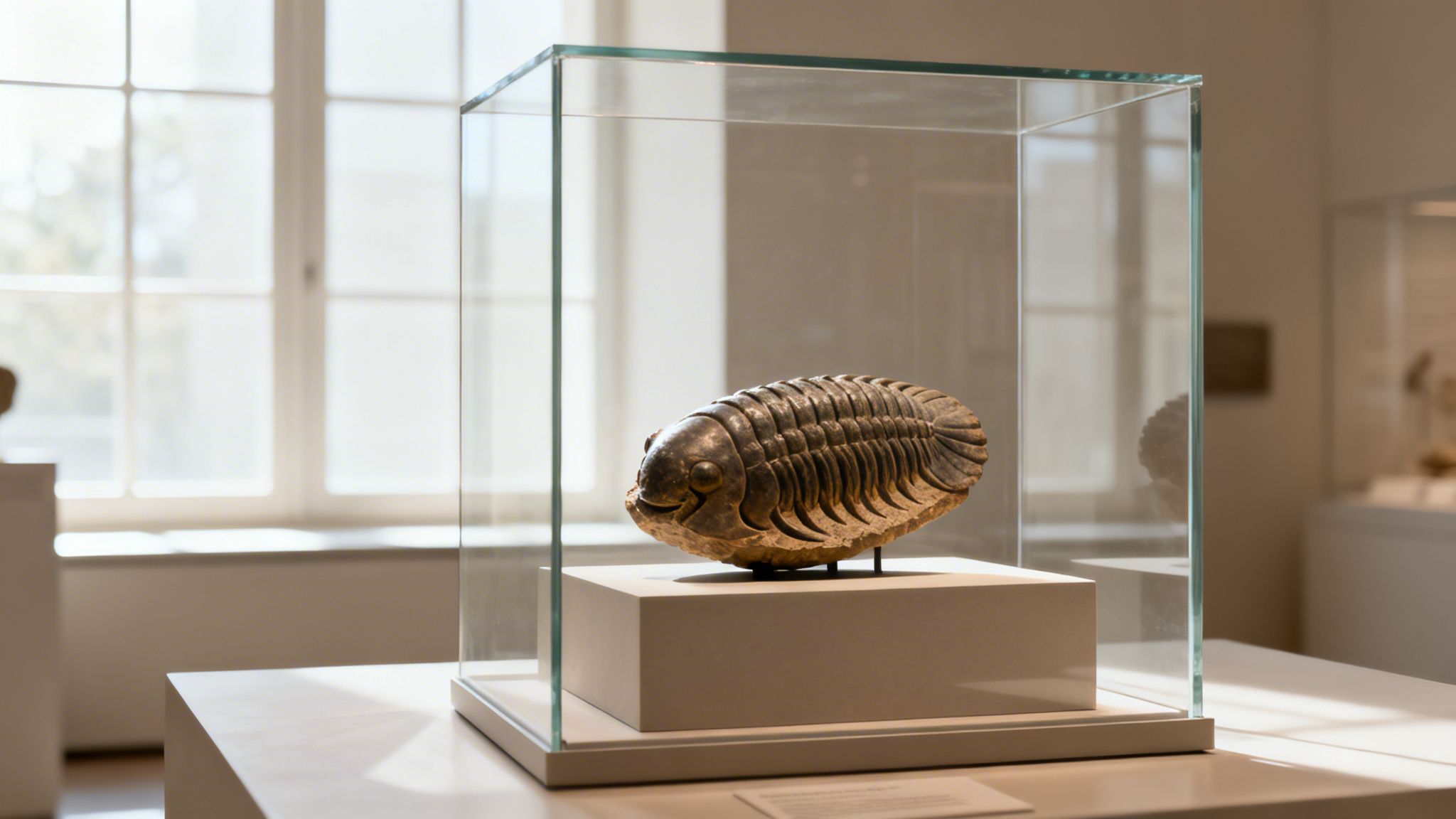 A detailed trilobite fossil is displayed in a glass exhibit case on a pedestal in a museum setting.