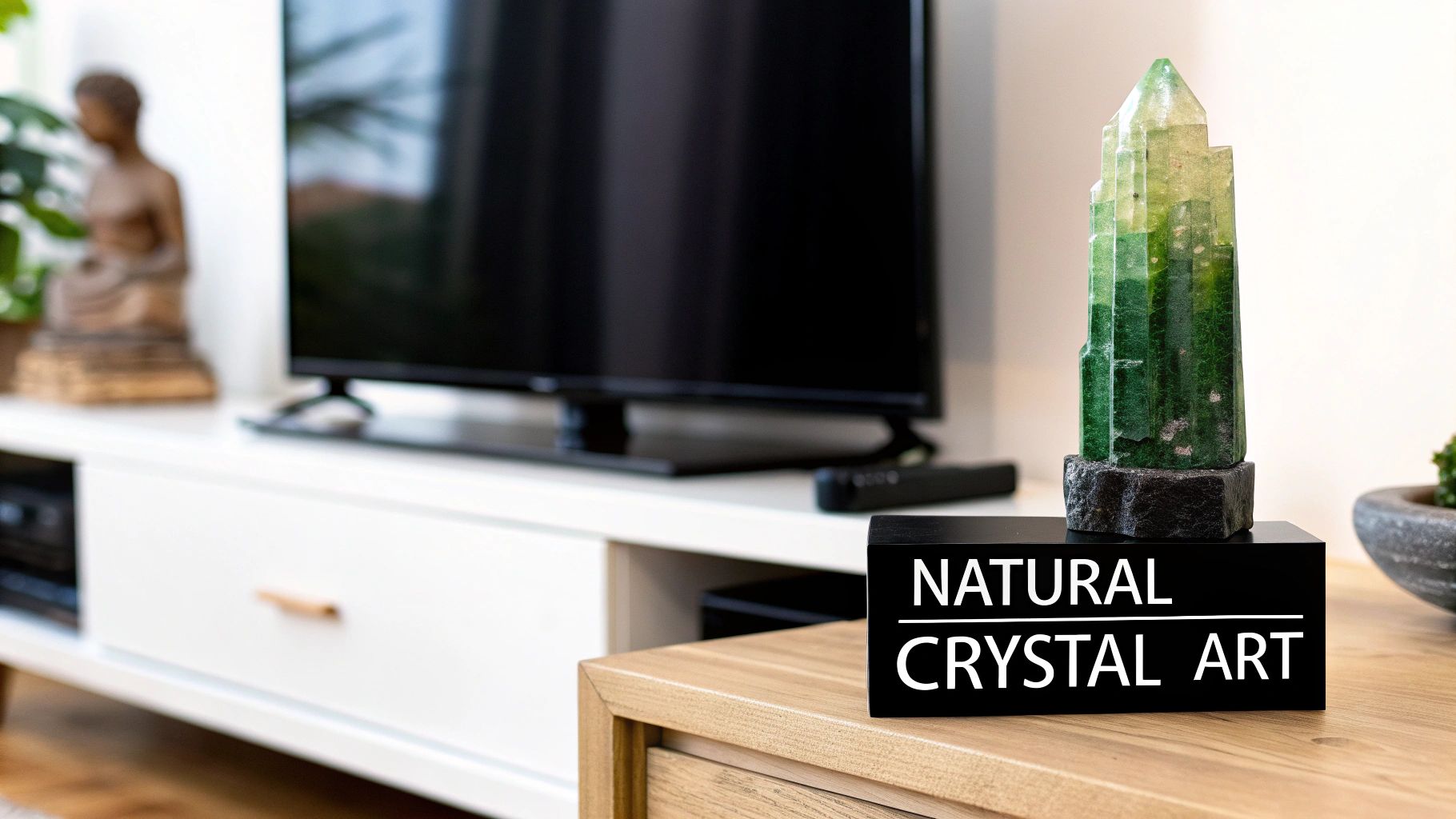 A green natural crystal art piece on a wooden table, with a TV and console in the background.