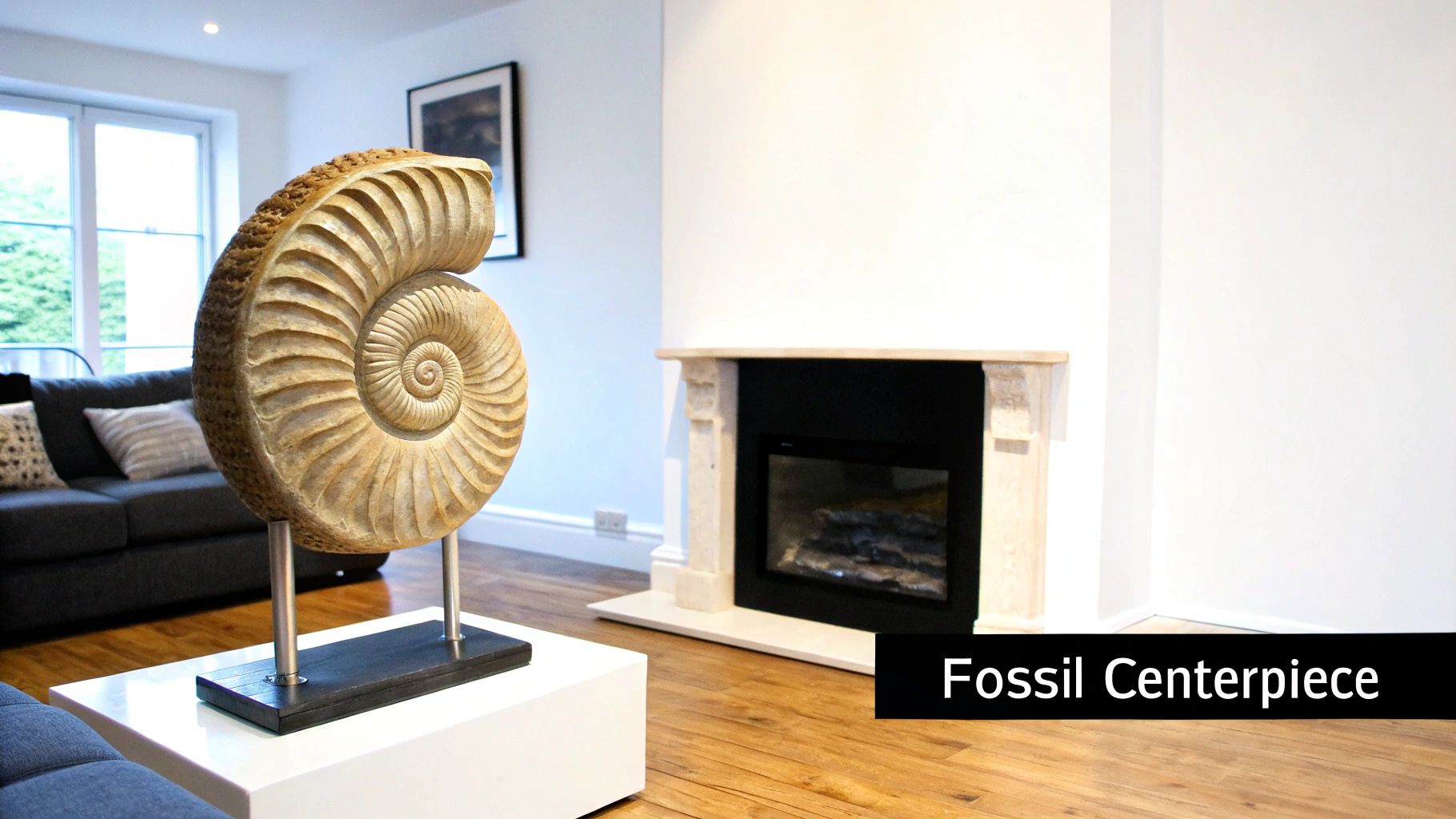 A large, spiral fossil centerpiece on a white stand in a modern living room with a fireplace.