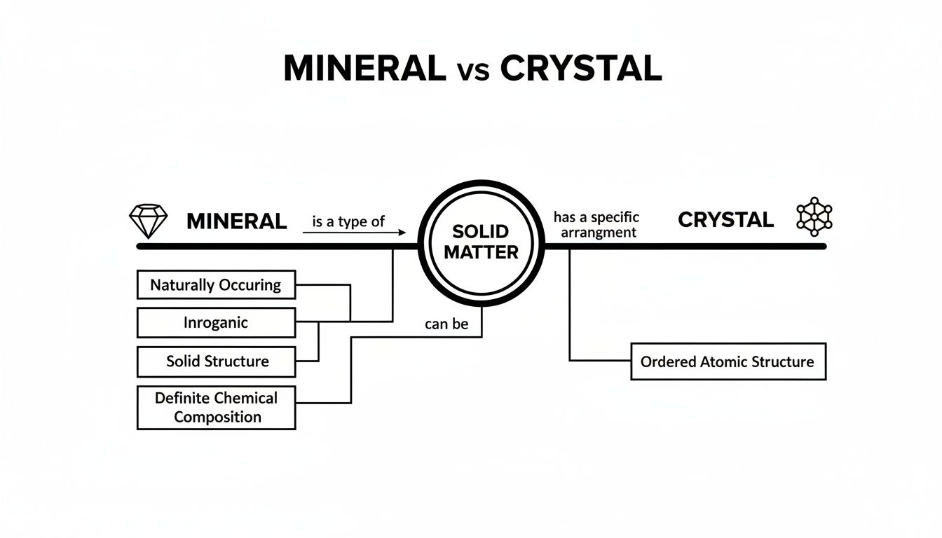 A black and white diagram illustrating the key differences between a mineral and a crystal, both solid matter.