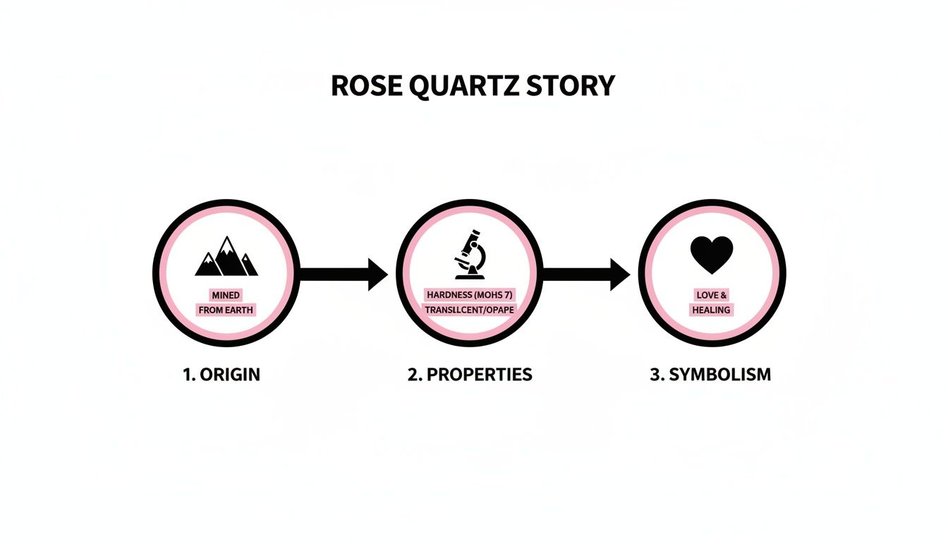 An infographic illustrating the story of Rose Quartz, detailing its origin, properties, and symbolism.