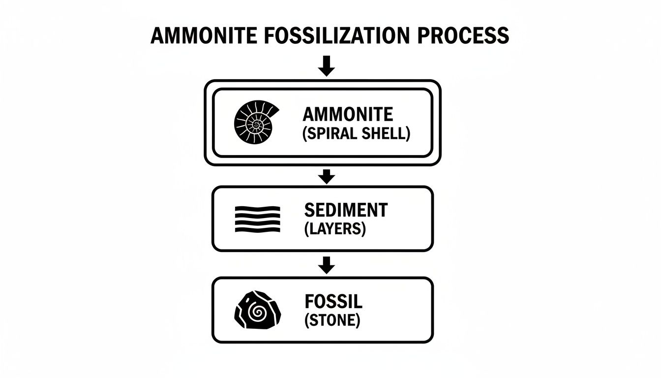 A flowchart illustrates the ammonite fossilization process, showing an ammonite spiral shell becoming a fossil stone via sediment layers.