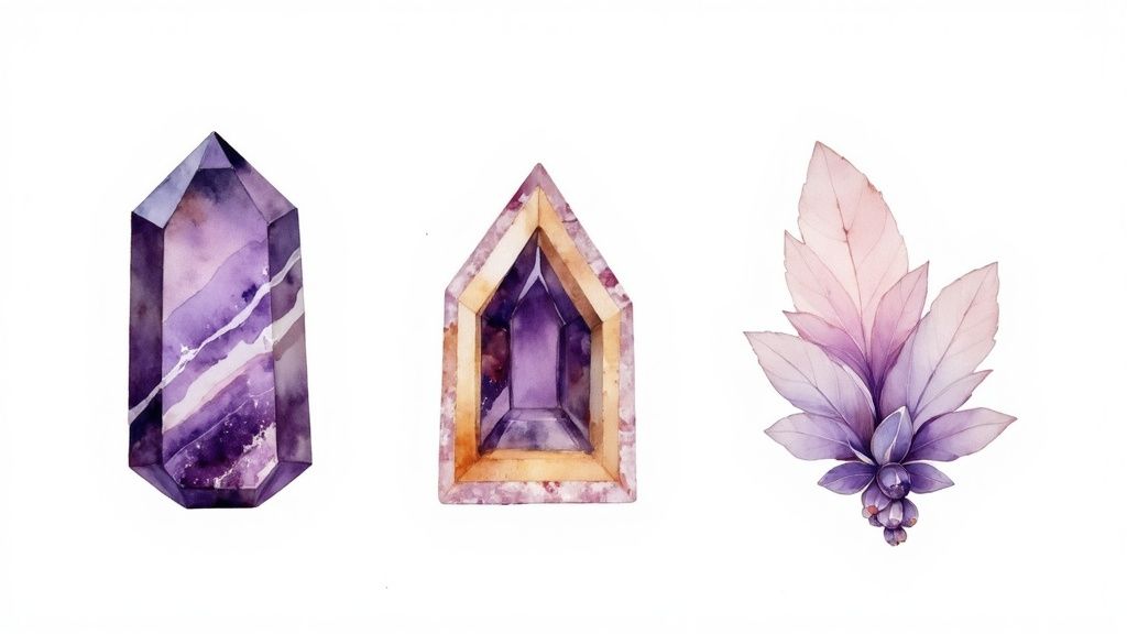 Watercolor illustrations featuring a tall purple crystal, a framed gem, and translucent purple leaves.