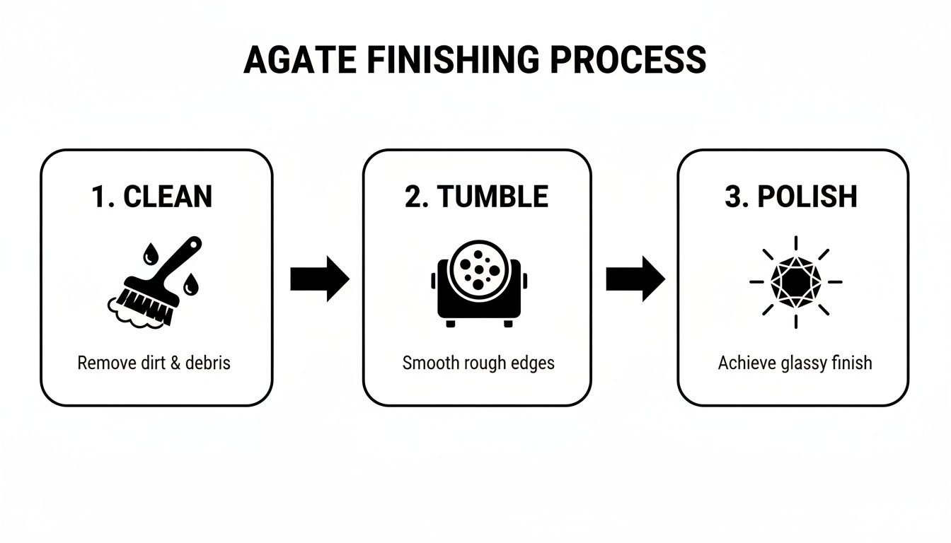 A three-step diagram illustrating the agate finishing process: clean, tumble, and polish.