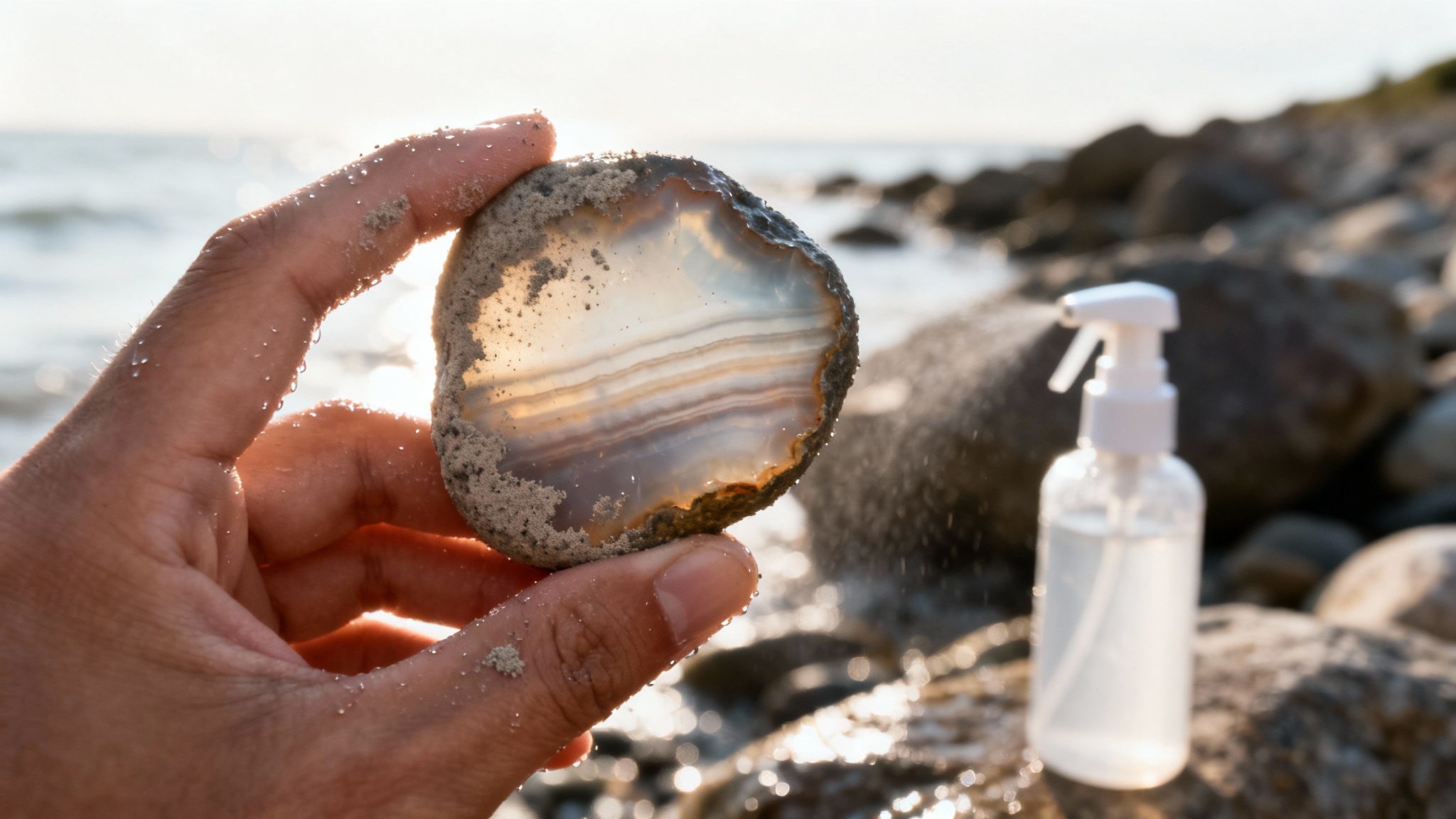 Hand holding a wet, sandy, translucent agate on a sunny beach with a spray bottle.