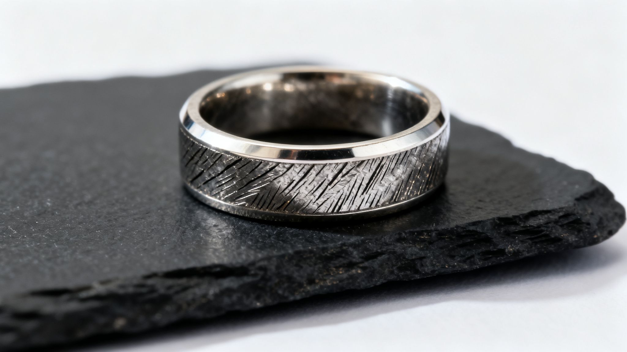 Close-up of an elegant silver ring featuring a unique etched meteorite pattern on a dark slate surface.