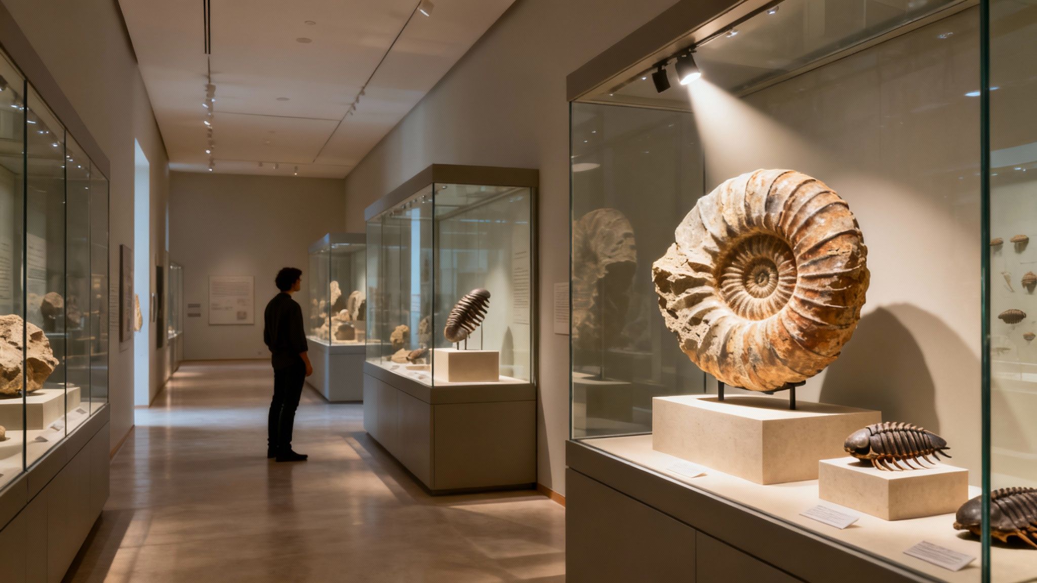 A person views various ancient fossils, including an ammonite and trilobite, in glass display cases at a museum.