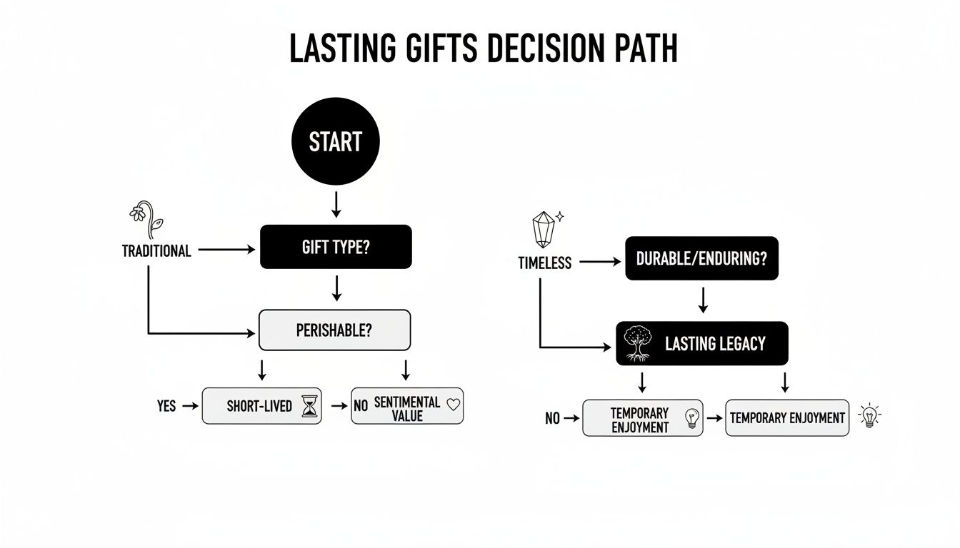 Flowchart titled 'Lasting Gifts Decision Path' showing choices leading to sentimental value or temporary enjoyment.