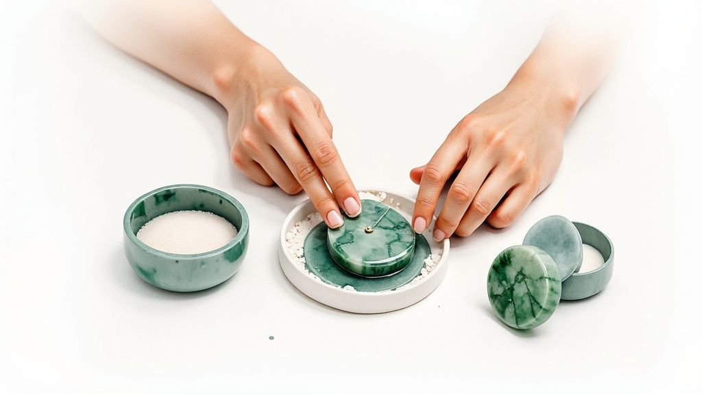 Craftsperson's hands delicately shaping and polishing round green jade pieces on a white surface.