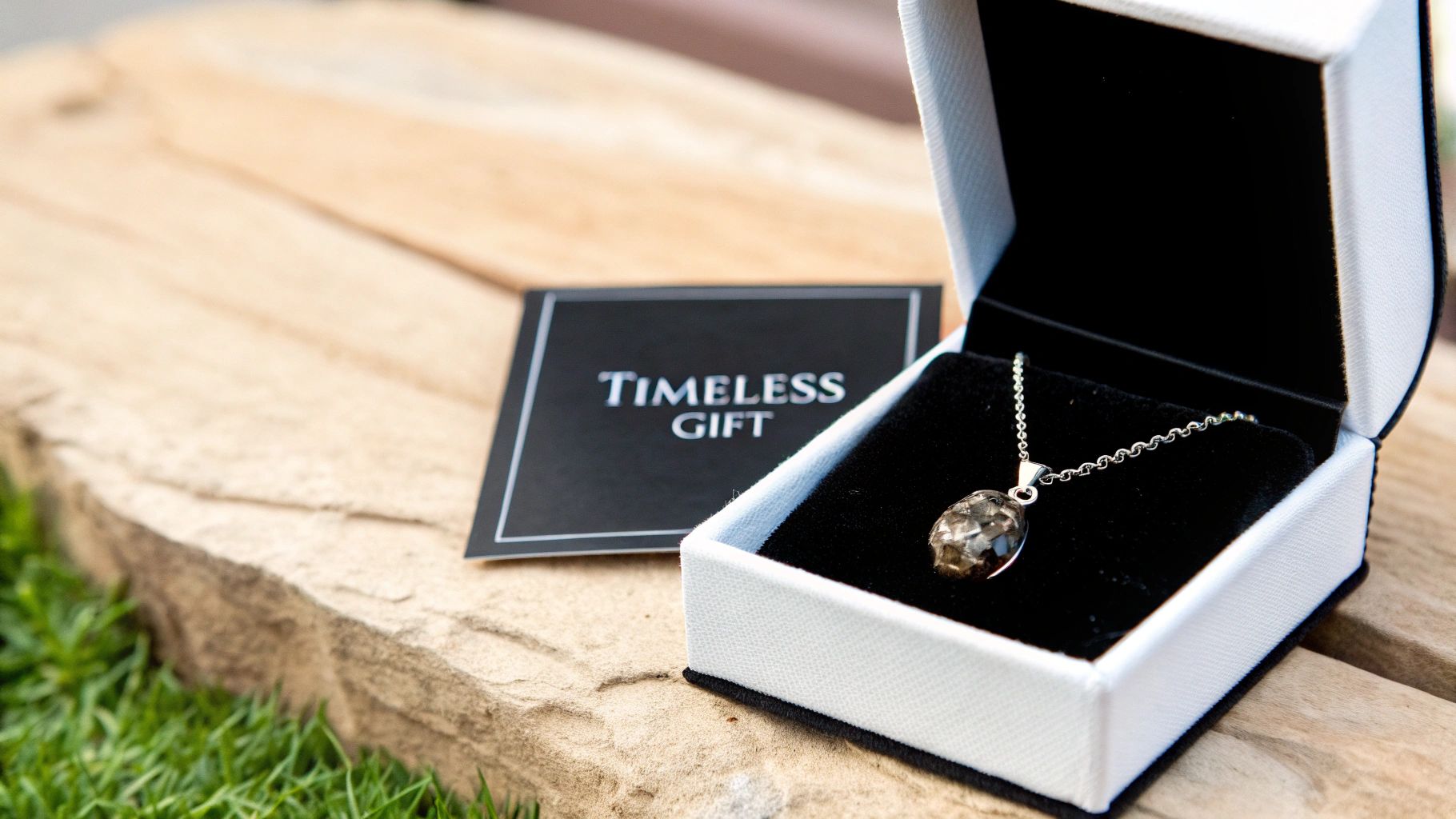 An elegant silver necklace with a dark oval pendant in an open white gift box, next to a 'Timeless Gift' card.