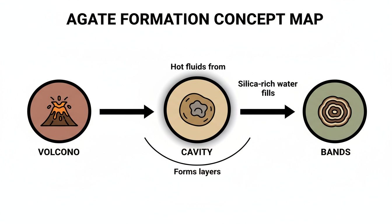 A concept map illustrating agate formation, showing a volcano, a cavity filling with hot fluids forming layers, and resulting bands.