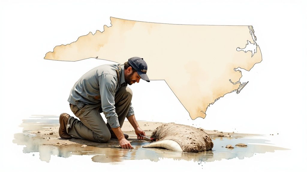 A fossil hunter searching for megalodon teeth in a river