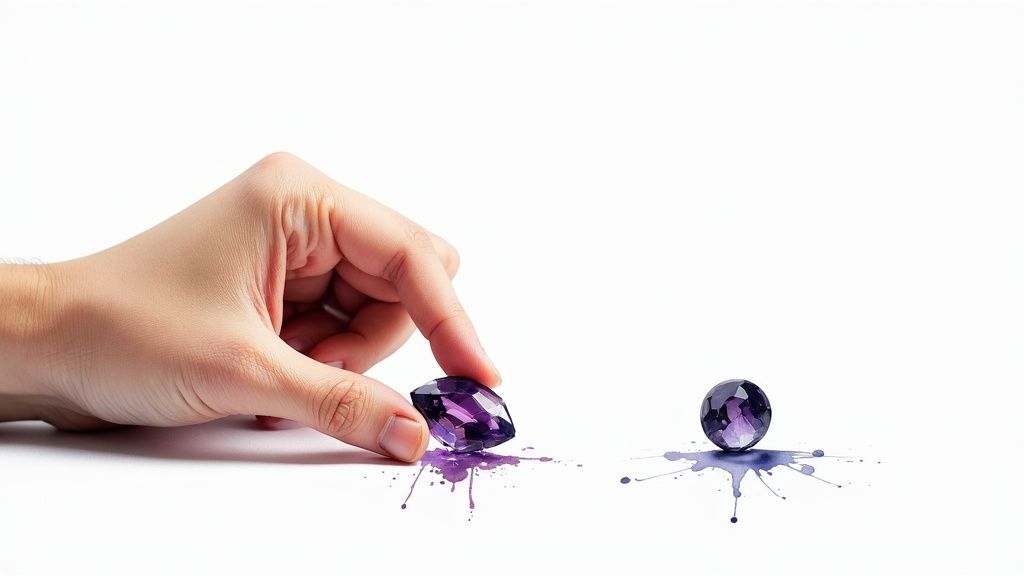 A hand holding up a polished amethyst crystal to a light