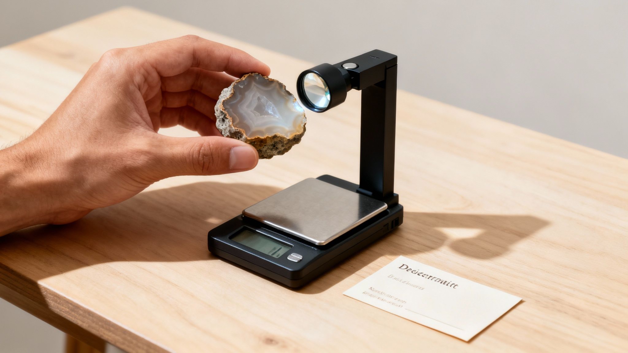A hand holds an illuminated agate nodule over a digital scale on a light wooden table, for inspection.