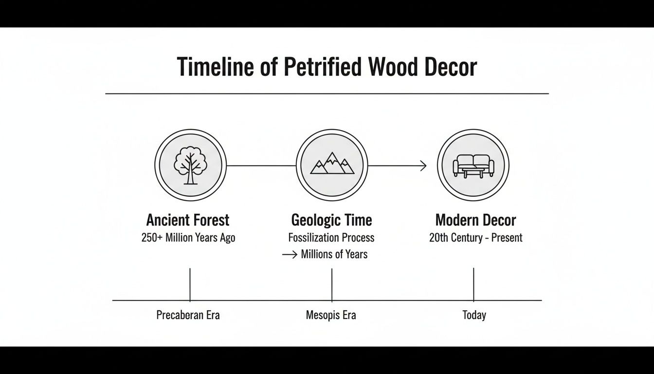 Timeline illustrating the journey from ancient forests to modern petrified wood decor.