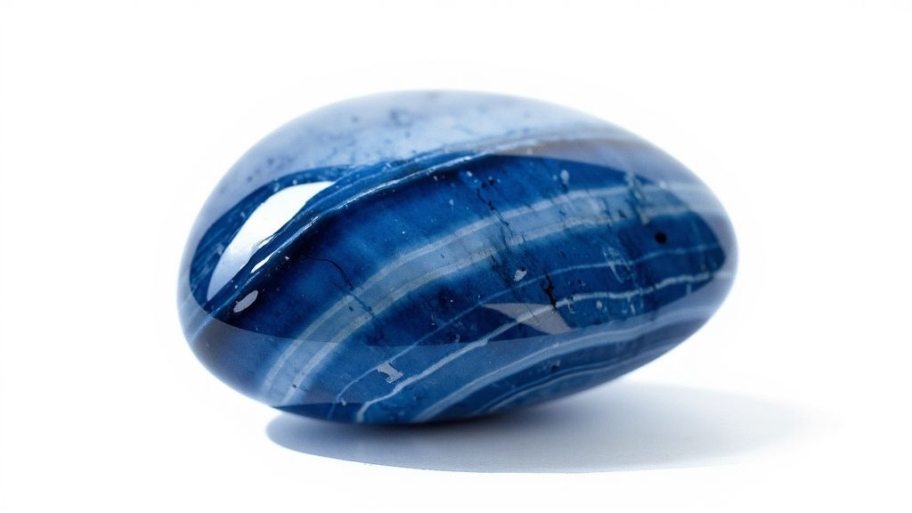 A polished, translucent slab of Blue Onyx showing bands of blue, white, and hints of brown