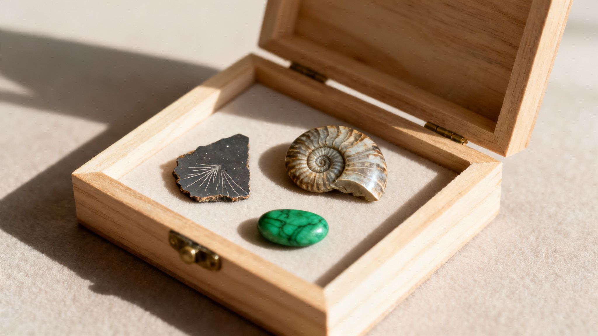 An open wooden box displays a collection of fossils and polished stones on a felt lining.