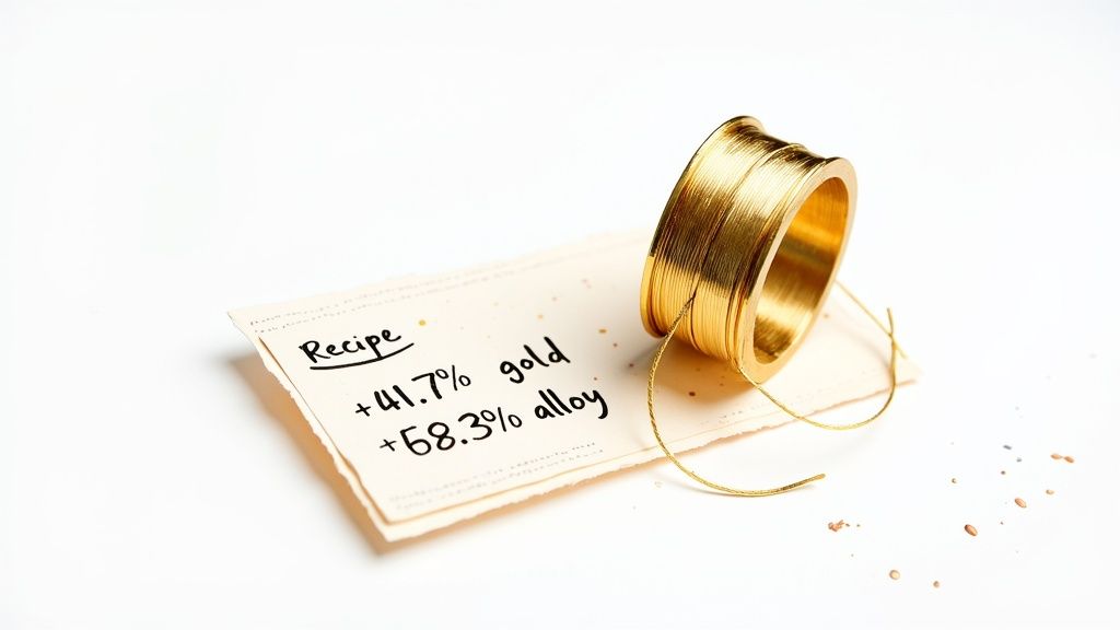 A spool of shiny gold wire next to a note with a recipe for 41.7% gold and 58.3% alloy.
