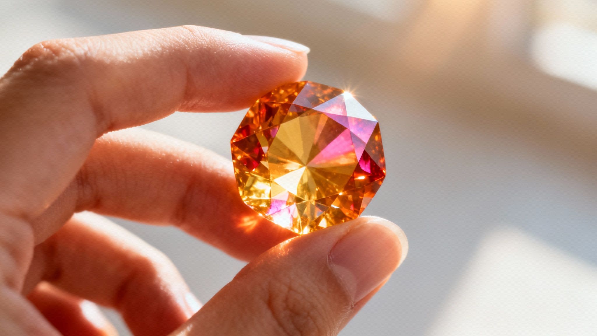 Close-up of a hand holding a sparkling, multi-faceted orange and pink gemstone.