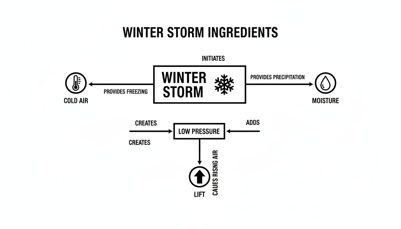 Diagram illustrating winter storm ingredients: cold air for freezing, moisture for precipitation, low pressure, and lift.