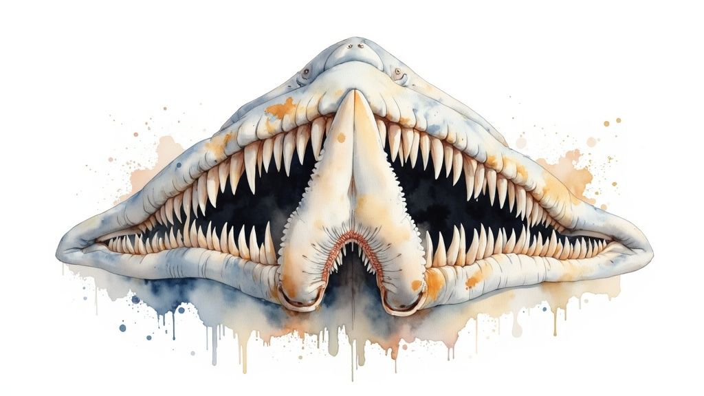 Megalodon jaw with rows of teeth