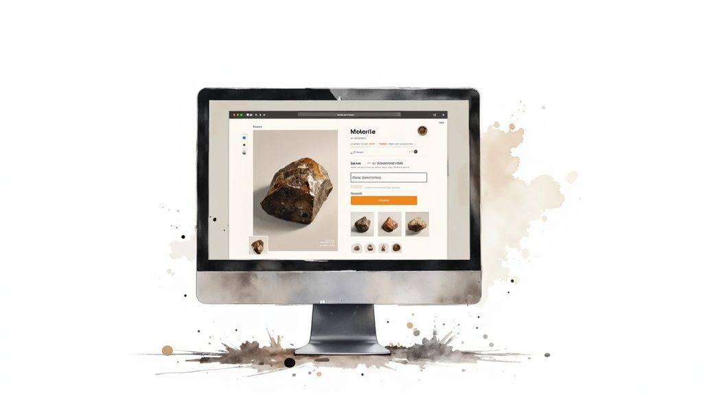 A person examining a collection of a collection of meteorites on a table